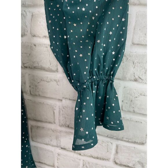 Andree Women's Green Star Print Balloon Sleeves Tie Back Mini Dress Size Medium - Picture 5 of 8